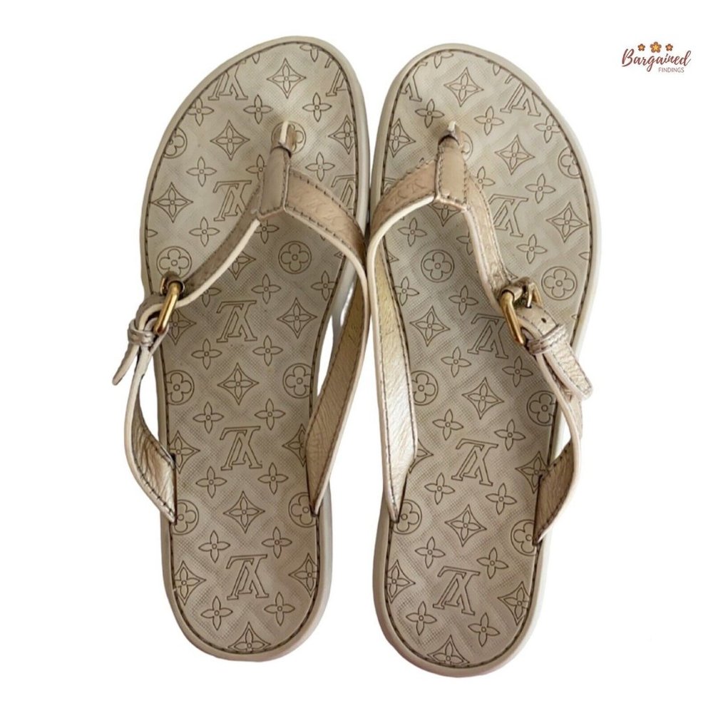 Authentic Louis Vuitton Beige Monogram Embossed Rubber Flip Flop Sandals 37/7